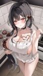  1girl absurdres apron black_hair blush bowl breasts candy chocolate chocolate_on_body cleavage commission food food_on_body hailiu heart heart-shaped_chocolate heart-shaped_food highres holding holding_bowl large_breasts long_hair mixer_(cooking) mixing_bowl naked_apron original ponytail red_eyes rie_(mirae_yang) second-party_source smile solo tongue white_apron 