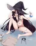  1girl absurdres barefoot beaker bikini black_hair commentary_request dokuropg flask hat heaven_burns_red highres holding holding_flask long_hair micro_bikini mortar_(bowl) on_floor parchment red_eyes round-bottom_flask solo spread_legs swimsuit tenne_miko witch_hat 