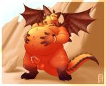  2018 4_fingers anthro balls belly belly_fondling belly_grab big_belly big_horns cum dragon erection front_view humanoid_penis kronexfire looking_at_viewer magnus_(spyro) male nude orange_scales overweight partially_retracted_foreskin penis precum scales self_grab solo spyro_reignited_trilogy spyro_the_dragon standing uncut video_games wings 