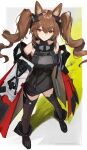  1girl absurdres angelina_(arknights) animal_ear_fluff animal_ears arknights arknights:_endfield bare_shoulders black_boots black_dress black_thighhighs boots brown_hair commentary_request dress ema_(kuguiema) fox_ears fox_girl gilberta_(arknights) hand_on_own_hip highres jacket light_smile long_hair off-shoulder_jacket off_shoulder red_eyes sleeveless sleeveless_dress smile solo standing thighhighs tight_clothes tight_dress very_long_hair 