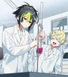  2boys beaker black_hair blonde_hair blue_hair cabinet chemistry closed_eyes coat collared_shirt colored_tips commentary frown green_hair hibachi_mana highres holding_beaker inami_rai indoors lab_coat lapels long_sleeves male_focus multicolored_hair multiple_boys nana72710193 nijisanji notched_lapels object_request open_mouth red_eyes retort_stand shirt smile teeth tongue twitter_username upper_body upper_teeth_only virtual_youtuber white_coat white_hair white_shirt 