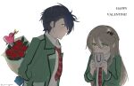  1boy 1girl aramis_high_school_uniform bag black_hair blue_eyes blue_hair blush bouquet braid brown_hair covered_mouth crown_braid double-parted_bangs eiyuu_densetsu elaine_auclair embarrassed english_text glint green_eyes hair_between_eyes hair_slicked_back happy_valentine highres holding holding_bouquet jacket kuro_no_kiseki_(series) kuro_no_kiseki_i long_sleeves mayu_(cocomayura) multicolored_hair necktie plaid_clothes plaid_necktie school_uniform shopping_bag streaked_hair two-tone_hair upper_body van_arkride 