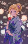  ayase_eli blonde_hair blue_eyes blue_kimono blurry blush bokeh candy_apple depth_of_field fan floral_print flower food hair_flower hair_ornament highres holding holding_food japanese_clothes kaisou_(0731waka) kimono looking_at_viewer love_live! love_live!_school_idol_project obi paper_fan parted_lips ponytail purple_flower sash sidelocks solo uchiwa 