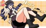  1girl ;d alternate_costume alternate_hairstyle beret black_boots black_hair black_hat black_ribbon black_vest blush boots bow bowtie box braid commentary_request dutch_angle floating_hair full_body gift gift_box hair_between_eyes hair_ribbon happy happy_valentine hat heart-shaped_box highres knees_together_feet_apart kushima_kamome lace-up_boots long_hair looking_at_viewer one_eye_closed open_clothes open_mouth open_vest orange_background outstretched_hand plaid_background reaching reaching_towards_viewer ribbon shirt sidelocks simple_background skull_and_crossbones smile solo sparkle summer_pockets thighs twin_braids umehal valentine vest white_bow white_bowtie white_shirt 