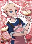  1boy :d apron arm_up blonde_hair blue_eyes blue_shirt bowl collarbone commentary_request cookie cowboy_shot crew_neck donut food fruit gradient_hair hair_behind_ear hair_ornament hairclip heart holding holding_bowl holding_spatula macaron male_focus multicolored_hair nariwami_(0o_haminari_o0) pink_apron pink_hair pokemon pokemon_legends:_z-a shirt short_hair short_sleeves smile solo spatula strawberry tongue tongue_out urbain_(pokemon) watermark 