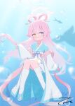  1girl absurdres ahoge air_bubble artist_name blue_archive blue_background blue_eyes blue_hanfu blue_shoes blue_trim bubble child chinese_clothes chinese_hairpin clip_studio_paint_(medium) closed_mouth commentary_request empire_waist fang fang_out feixianji_(hairstyle) flats full_body hair_flaps hair_ornament hair_rings hair_stick halo hand_fan hanfu heterochromia highres hoshino_(blue_archive) hoshino_(mid-autumn_festival)_(blue_archive) invisible_chair jiaoling_ruqun kneehighs knees_together_feet_apart light_blush light_rays long_hair long_sleeves looking_at_viewer miniskirt obi obidome obijime overskirt pinching_sleeves pink_hair pink_halo pink_shawl sash shawl shoes sitting skirt sleeves_past_wrists smile socks solo split_mouth submerged taira_(amlilith) tuanshan two-tone_hanfu two-tone_sleeves underwater very_long_hair watermark white_hanfu white_overskirt white_sash white_skirt white_sleeves wide_sleeves yellow_eyes 