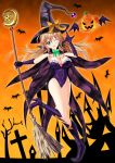  adorasvp1984 boots breasts broom brown_hair comic commentary_request halloween highres large_breasts leotard long_hair majo_to_hyakkihei original yellow_eyes 