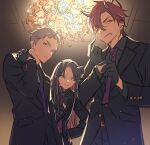  3boys adjusting_clothes adjusting_gloves black_gloves black_hair black_jacket blue_eyes chandelier cho_kaguya-hime! closed_mouth collared_shirt commentary_request fang gloves grey_hair grey_shirt hair_down hand_up hands_up hechima_(issindotai) highres horns jacket komazawa_noi komazawa_rai long_hair long_sleeves looking_at_viewer male_focus mikado_akira_(cho_kaguya-hime!) multiple_boys official_artist_extra pink_eyes red_hair shirt short_hair smile suit trap upper_body 