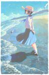  1girl absurdres arms_behind_back beach bird black_hair black_shoes blue_eyes blue_neckerchief blue_sailor_collar blue_skirt blue_sky commentary_request day feel_(nasitaki) full_body hat highres loafers long_sleeves medium_skirt neckerchief ocean original outdoors sailor_collar sand scenery school_uniform seagull serafuku shoes short_hair skirt sky socks solo standing straw_hat water white_socks 