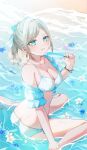  1girl :t absurdres beach bikini blue_eyes blue_jacket blue_ribbon breasts ceras_yanagida_lilienfeld ceras_yanagida_lilienfeld_(swimsuit) cleavage collarbone commentary food foot_out_of_frame frilled_jacket frills front-tie_bikini_top front-tie_top grey_hair hair_ribbon highres holding holding_food holding_popsicle jacket large_breasts link!_like!_love_live! looking_at_viewer love_live! melting_popsicle mochi_tsu22 official_alternate_costume open_clothes open_jacket ponytail popsicle pout ribbon short-sleeved_jacket short_sleeves side-tie_bikini_bottom single_bare_shoulder single_hair_intake single_off_shoulder sitting solo swimsuit virtual_youtuber wariza wavy_hair white_bikini 