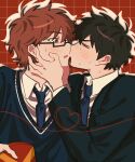  2boys ace_of_diamond arms_up black-framed_eyewear black_hair black_jacket blue_necktie blue_sweater blush brown_eyes brown_hair closed_eyes collared_shirt commentary_request glasses grid_background hands_on_another's_face heart highres holding jacket kiss layered_sleeves long_sleeves looking_at_another male_focus miyuki_kazuya multiple_boys necktie nervous_sweating open_mouth rectangular_eyewear red_background sawamura_eijun shirt suit_jacket sweat sweater upper_body v-neck white_shirt wing_collar yamada-kun_(yamad_125) yaoi 