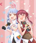  2girls :d absurdres animal_ears ascot black_gloves black_leotard blue_hair blush braid braided_twintails breasts brooch can carrot_hair_ornament closed_eyes coat_dress commentary_request cropped_jacket detached_sleeves dress drunk food-themed_hair_ornament fur_scarf gloves gold_trim hair_ornament hair_ribbon haniwa_(leaf_garden) head_on_another's_shoulder highres holding holding_can hololive houshou_marine houshou_marine_(1st_costume) jacket jewelry leotard leotard_under_clothes long_hair looking_at_another medium_breasts multicolored_hair multiple_girls no_coat no_headwear orange_eyes pink_background pleated_skirt puffy_detached_sleeves puffy_short_sleeves puffy_sleeves rabbit_ears red_ascot red_hair red_jacket red_ribbon red_skirt ribbon scarf see-through_clothes see-through_leotard see-through_midriff short_sleeves sidelocks sideways_glance skirt sleeveless sleeveless_jacket small_breasts small_sweatdrop smile strapless strong_zero swept_bangs thick_eyebrows twin_braids twintails two-tone_hair usada_pekora usada_pekora_(1st_costume) vertical-striped_background virtual_youtuber white_hair white_scarf 