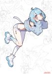  1girl absurdres ahoge artist_name asymmetrical_clothes blue_hair blue_jacket blue_socks blush boots braid closed_mouth commentary_request cropped_jacket full_body hair_ornament highres jacket long_sleeves looking_at_viewer multicolored_hair niboshidrip orange_eyes pants shiranami_ramune shiranami_ramune_(1st_costume) single_pantsleg socks solo two-tone_hair virtual_youtuber vspo! white_background white_boots white_hair white_pants 