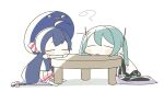  2girls ahoge aqua_hair arm_rest arms_on_table blue_hair blue_vest blush_stickers bow braid chibi chibi_only closed_eyes coffee_table commentary_request cushion detached_sleeves exhausted full_body hair_bow hat hatsune_miku head_on_table head_rest long_hair long_sleeves low-braided_long_hair low-tied_long_hair multiple_girls necktie no_mouth no_nose open_mouth otomachi_una pleated_skirt puffy_short_sleeves puffy_sleeves red_necktie round_table shadow short_sleeves sitting skirt squiggle striped_bow table torla16 twintails vest vocaloid white_background wooden_table yokozuwari zabuton 