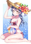 adjusting_clothes adjusting_hat ball bangs barefoot beachball bikini blue_background blue_hair blush bow breasts cleavage flower front-tie_top halterneck hat hat_flower hat_ribbon highres kaisou_(0731waka) long_hair looking_at_viewer love_live! love_live!_school_idol_project medium_breasts navel orange_flower pink_flower red_bikini red_flower ribbon sitting solo sonoda_umi straw_hat swimsuit white_bow white_ribbon yellow_eyes 