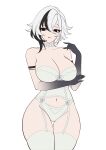  1girl absurdres alternate_costume arlecchino_(genshin_impact) arm_under_breasts bare_shoulders black_hands black_streaks bow bra breasts charlie_purrito cleavage collarbone colored_extremities commentary english_commentary garter_belt genshin_impact hair_between_eyes highres large_breasts looking_at_viewer medium_hair navel panties parted_lips solo stomach thighhighs underwear unfinished white_background white_bow white_bra white_garter_belt white_panties white_thighhighs 