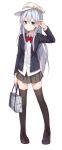  adjusting_hair alternate_costume bag black_footwear black_jacket black_legwear blazer blue_eyes bow bowtie brown_skirt dress_shirt flat_cap full_body hair_between_eyes hair_ornament hammer_and_sickle hat hibiki_(kantai_collection) holding holding_bag huwali_(dnwls3010) jacket kantai_collection loafers long_hair looking_at_viewer miniskirt open_blazer open_clothes open_jacket pleated_skirt red_bow school_bag school_uniform shirt shoes silver_hair simple_background skirt smile solo standing star star_hair_ornament thighhighs verniy_(kantai_collection) very_long_hair white_background white_hat white_shirt zettai_ryouiki 