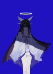  1girl absurdres bare_shoulders black_hair blue_background closed_eyes closed_mouth columbina_(genshin_impact) commentary dress feet_out_of_frame fuyutsuki11 genshin_impact hair_over_shoulder halo head_wings highres long_hair purple_hair purple_streaks simple_background solo white_dress white_halo white_wings wings 