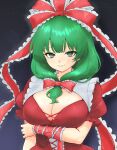  1girl adapted_costume arm_under_breasts blush bow breasts cleavage cleavage_cutout closed_mouth clothing_cutout commentary_request cross-laced_clothes cross-laced_dress dress frilled_bow frills gradient_background green_eyes green_hair hair_bow hair_ribbon highres hinben kagiyama_hina large_breasts long_hair looking_at_viewer puffy_short_sleeves puffy_sleeves red_bow red_dress red_ribbon ribbon short_sleeves smile solo touhou upper_body wrist_ribbon 