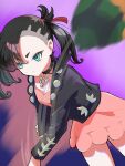  1girl asymmetrical_bangs black_choker black_hair black_jacket breasts choker closed_mouth commentary_request dress dusk_ball gradient_background green_eyes hair_ribbon highres jacket marnie_(pokemon) pink_dress poke_ball pokemon pokemon_swsh purple_background ribbon sarahana_gb small_breasts throwing throwing_poke_ball twintails undercut v-shaped_eyebrows 