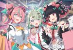  3girls absurdres angels_of_delusion aqua_streaks aria_(zenless_zone_zero) arm_warmers bag bandaid bandaid_hair_ornament black_choker blunt_bangs blush bow bubble_tea center_frills choker clothing_cutout collared_shirt colored_inner_hair commentary_request crossed_bangs cup earrings frills fur-trimmed_sleeves fur_trim green_bow green_hair green_halo hair_between_eyes hair_ornament halo highres holding holding_cup hutaba_haru jewelry mechanical_ears multicolored_hair multiple_girls multiple_hair_clips musical_note_earrings nangong_yu navel_cutout necktie pink_arm_warmers pink_hair purple_eyes red_eyes red_necktie shirt shopping shopping_bag short_twintails smile streaked_hair striped_arm_warmers sunna_(zenless_zone_zero) too_many_bows twintails upper_body white_shirt white_wings wings y2k_fashion zenless_zone_zero 