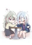  2girls ? ?? arm_wrestling big_head blue_jacket blush chibi chibi_only closed_eyes closed_mouth full-length_zipper green_hair hair_between_eyes hand_up hands_up highres jacket kaema_2 kusanagi_nene long_hair multiple_girls parted_lips project_sekai purple_eyes sitting socks sweat track_jacket unzipped very_long_hair white_background white_hair white_socks yoisaki_kanade zipper 