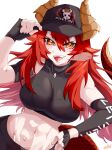  1girl black_gloves black_hat black_shirt breasts dragon_girl dragon_horns dragon_tail english_commentary fingerless_gloves fumizuki_kazuhito gloves hand_on_own_hip hat highres horns indie_virtual_youtuber large_breasts long_hair looking_at_viewer red_hair shirt smile solo tail virtual_youtuber yellow_eyes zentreya zentreya_(dragon) zentreya_(dragon)_(workout) 