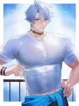  1boy artist_name black_choker black_pants blue_eyes choker closed_mouth clothes_around_waist commentary covered_abs crew_neck english_commentary hair_between_eyes hand_on_own_hip highres honkai:_star_rail honkai_(series) large_pectorals looking_at_viewer male_focus neck_tattoo pants parted_bangs parted_hair pectorals phainon_(honkai:_star_rail) shirt short_sleeves smile solo sun_symbol sun_tattoo sweat tattoo tight_clothes tight_shirt toned toned_male uyouu19 white_hair white_shirt 