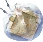  1girl ash_arms barefoot bathing breasts character_request commentary_request completely_nude covering_crotch covering_privates dagger folded_ponytail food from_above fruit full_body hair_over_one_eye hand_up jewelry knife mandarin_orange medium_breasts mole mole_under_eye necklace nipples nude partially_submerged planted planted_sword red_eyes ripples snow sword ushas water weapon white_hair 