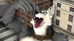  3d_(artwork) 5_fingers anthro blue_eyes canine collar digital_media_(artwork) duo fangs fur grey_fur holding_character human imminent_vore macro mammal open_mouth outside sharp_teeth standing teeth vore zillastudio 