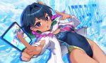  1girl aogiri_shinobu black_hair braid cart character_name commentary_request competition_swimsuit covered_navel dark-skinned_female dark_skin dragon_musume_ni_naritakunai! duel_masters green_hair jacket multicolored_hair multicolored_swimsuit one-piece_swimsuit open_clothes open_jacket open_mouth pink_hair purple_eyes rumiya9i short_hair side_braids solo swimsuit twin_braids white_jacket 