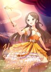  1girl blurry blurry_background blush bow bracelet braid brown_bow brown_eyes brown_hair collarbone commentary curtains dated dress feet_out_of_frame gakuen_idolmaster hair_ornament hand_up happy_birthday heart highres holding_button idolmaster jewelry kuramoto_china layered_dress layered_skirt lens_flare long_hair looking_at_object musical_note musical_note_ornament musical_note_print open_mouth parted_bangs pearl_bracelet print_dress short_sleeves skirt smile solo sparkle stage stage_curtains stairs surisuririsu teeth upper_teeth_only waist_bow wonder_scale_(idolmaster) yellow_dress 