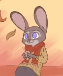  2018 anthro clothed clothing cup dipstick_ears disney female holding_object judy_hopps lagomorph leaves mammal purple_eyes rabbit scarf solo tggeko zootopia 