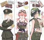  3girls ace_(playing_card) ace_of_spades belt black_hair black_tank_top blonde_hair blue_eyes breasts brown_gloves brown_necktie brown_shirt brown_tank_top card cleavage collarbone combat_helmet cowboy_shot crossed_arms english_text from_side glasses gloves goggles goggles_on_head green_eyes green_hat green_jacket green_pants green_skirt gun hair_between_eyes hand_up handgun hands_up hat helmet hershey's highres holding holding_unworn_helmet holster jacket long_hair long_sidelocks m1911 medium_breasts multiple_girls navel necktie one_eye_closed open_clothes open_mouth open_vest original pants pink_hair playing_card ponytail pouch samaru_(seiga) shirt sidelocks skirt smile spade_(shape) tank_top tootsie_roll translated translation_request twintails united_states_army unworn_headwear unworn_helmet vest weapon wrench yellow_eyes 