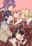  5girls absurdres affectionate_harem black_hair blonde_hair blue_eyes blue_hair blue_ribbon blunt_bangs blunt_ends blush bob_cut brown_cardigan brown_dress cardigan closed_mouth commentary_request cover cover_page crossed_bangs curtained_hair doujin_cover dress expressionless flower gradient_hair green_eyes hair_bun hair_flower hair_intakes hair_ornament hair_ribbon half_updo harem hasu_no_sora_school_uniform highres hinoshita_kaho kiss kissing_hand link!_like!_love_live! long_hair long_sleeves looking_at_viewer love_live! medium_hair momose_ginko multicolored_hair multiple_girls murano_sayaka neckerchief open_cardigan open_clothes orange_hair osawa_rurino otomune_kozue parted_bangs pink_background pink_flower purple_hair rabbit_hair_ornament red_flower red_neckerchief red_ribbon ribbon roku_aya_fuyu sailor_collar sailor_dress sample_watermark school_uniform second-party_source short_hair side_ponytail sidelocks simple_background single_side_bun smile tassel tassel_hair_ornament translation_request twintails two_side_up virtual_youtuber watermark white_sailor_collar winter_uniform yellow_neckerchief yuri 
