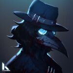  1boy artist_name backlighting black-framed_eyewear black_hair black_mask black_shirt blood blood_on_clothes blood_on_hat blue-tinted_eyewear blue_background collared_shirt film_grain gradient_background grey_background hat ikram male_focus mask original plague_doctor_mask portrait shirt short_hair simple_background solo tinted_eyewear two-tone_background 