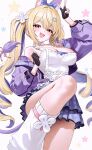  1girl animal_ears arm_up bandaid bandaid_on_cheek bandaid_on_face bare_shoulders belt black_gloves blonde_hair blue_skirt breasts caramel_(stella_sora) choker cleavage commentary convenient_leg cowboy_shot extra_ears fingerless_gloves fymrie gloves hair_ornament highres jacket knee_up kneehighs large_breasts layered_skirt long_hair long_sleeves looking_at_viewer miniskirt multicolored_hair off_shoulder open_clothes open_jacket open_mouth purple_hair purple_jacket red_eyes shirt sidelocks skirt sleeveless sleeveless_shirt smile socks solo spaghetti_strap standing standing_on_one_leg star_(symbol) star_hair_ornament stella_sora strap_gap streaked_hair tail thighs twintails two-tone_hair v very_long_hair white_choker white_shirt white_socks 