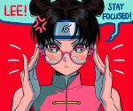  1girl anger_vein bespectacled blush brown_eyes brown_hair closed_mouth commentary double_bun english_commentary english_text forehead_protector frown glasses hair_bun highres konohagakure_symbol looking_at_viewer m0_mo_momo naruto_(classic) naruto_(series) pink-framed_eyewear red_background short_hair sleeveless solo speech_bubble tenten_(naruto) upper_body 