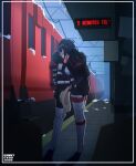  2girls absurdres black_hair english_text eule_(signalis) full_body hat height_difference highres holding holding_unworn_clothes holding_unworn_hat kenny_pyro kiss multiple_girls no_feet robot_girl short_hair signalis snow star_(signalis) train train_station train_station_platform unworn_hat unworn_headwear wire_fence yuri 