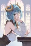  1girl blue_hair breasts character_request closed_mouth commission copyright_request curled_horns detached_sleeves glasses green_eyes hand_on_own_cheek hand_on_own_face highres horns round_eyewear sakichka twitter_username white_sleeves 