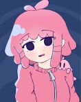  1girl antenna_hair blunt_bangs blush chiccha_na_watashi_(synthesizer_v) gotoh_hitori hand_on_another's_shoulder highres jacket kasane_teto looking_at_viewer medium_hair pink_hair pink_jacket pink_track_suit pinpaise3v77 sidelocks solid_circle_eyes track_suit utau wavy_mouth zipper 