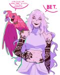  1girl abs animal_on_shoulder arm_tattoo bare_shoulders bird bird_on_shoulder black_nails breasts clothes_around_waist commentary crocrubies english_commentary english_text eyeshadow finger_tattoo guernica_(p5t) hair_between_eyes hand_on_own_hip hand_tattoo highres hip_tattoo i_think_we're_gonna_have_to_kill_this_guy_steven_(meme) jacket jacket_around_waist jerri_(p5t) long_hair looking_at_viewer makeup medium_breasts meme navel pants parrot persona persona_5 persona_5_tactica purple_eyes red_eyeshadow sharp_teeth shirt sleeveless sleeveless_shirt smile speech_bubble tank_top tattoo tattoo_sleeve teeth toned toned_female very_long_hair wavy_hair white_background white_hair white_jacket white_pants white_tank_top 