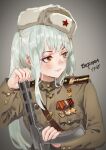  1945 1girl army brown_shirt buttons closed_mouth commentary_request fur_hat grey_background gun hat hat_ornament holding holding_gun holding_weapon indie_virtual_youtuber insignia lips long_hair long_sleeves looking_to_the_side medal military military_hat military_rank_insignia military_uniform multicolored_eyes nanaha_redstar one_side_up orange_eyes order_of_lenin order_of_the_red_banner photo-referenced ppsh-41 red_star revision ribbon_of_saint_george russian_text shirt shoulder_boards smile soldier soviet soviet_army star_(symbol) star_hat_ornament submachine_gun translated tuziki_sang ushanka virtual_youtuber weapon white_hair white_hat yellow_eyes 