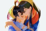  1boy 1girl black_hair brother_and_sister carmine_(pokemon) closed_eyes closed_mouth colored_inner_hair commentary crossed_bangs hairband hug japanese_clothes jinbei_(clothes) kieran_(pokemon) long_hair looking_at_another mole mole_under_eye multicolored_hair open_mouth pokemon pokemon_sv purple_hair red_hair shiro_(46isou) short_hair siblings teeth two-tone_hair untranslatable_commentary white_background yellow_eyes yellow_hairband 
