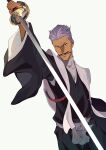  1boy black_kimono bleach brown_eyes commentary_request facial_hair gonryoumaru_(shikai) grey_hair hair_slicked_back highres holding holding_sword holding_weapon ibaraki_shun japanese_clothes kimono looking_at_viewer male_focus mustache obi sasakibe_choujirou sash shihakusho solo sword turtleneck weapon white_background white_sash zanpakutou 