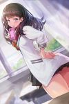  ass black_hair black_skirt blue_eyes blush classroom closed_mouth curtains eyebrows_visible_through_hair goomrrat hand_on_hip highres holding_cd index_finger_raised indoors long_hair long_sleeves looking_at_viewer skirt smile solo ssss.gridman takarada_rikka white_cardigan window 