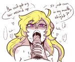  1boy 1girl ahoge blonde_hair english fellatio handjob licking looking_at_viewer oral penis pov pov_eye_contact purple_eyes rwby saliva scruffyturtles sweat tongue yang_xiao_long 