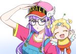  :o antennae baby bangs baseball_cap black-framed_eyewear blonde_hair collarbone cosplay diadem dr._slump eyebrows_visible_through_hair glasses hat hug-tan_(precure) hugtto!_precure long_hair looking_at_viewer norimaki_arale norimaki_arale_(cosplay) norimaki_gajira norimaki_gajira_(cosplay) orange_footwear overalls pink_shirt precure print_hat purple_eyes ruru_amour salute shirt short_sleeves short_twintails simple_background tsukikage_oyama twintails upper_body white_background white_wings wings 