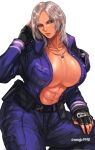  1girl abs belt belt_pouch black_belt black_eyeliner black_gloves blue_bodysuit bodysuit breasts brown_eyes cleavage commentary_request commission corrupted_twitter_file dark-skinned_female dark_skin eyeliner fingerless_gloves gloves grey_hair highres impossible_bodysuit impossible_clothes jewelry large_breasts makeup medium_hair multiple_necklaces muscular muscular_female necklace no_bra open_bodysuit open_clothes partially_unbuttoned police police_uniform pouch skeb_commission solo vanessa_lewis virtua_fighter white_background zuman_(zmnjo1440) 