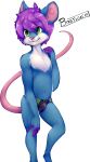  anthro bastion blue_fur child clothing cub fur green_eyes hair male mammal mouse pink_nose purple_hair rodent simple_background solo speedo standing swimsuit white_fur young 